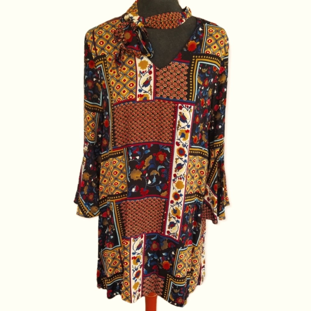 NWOT Entro Fall colors tunic dress trumpet sleeves jewel tones tie neck sz M